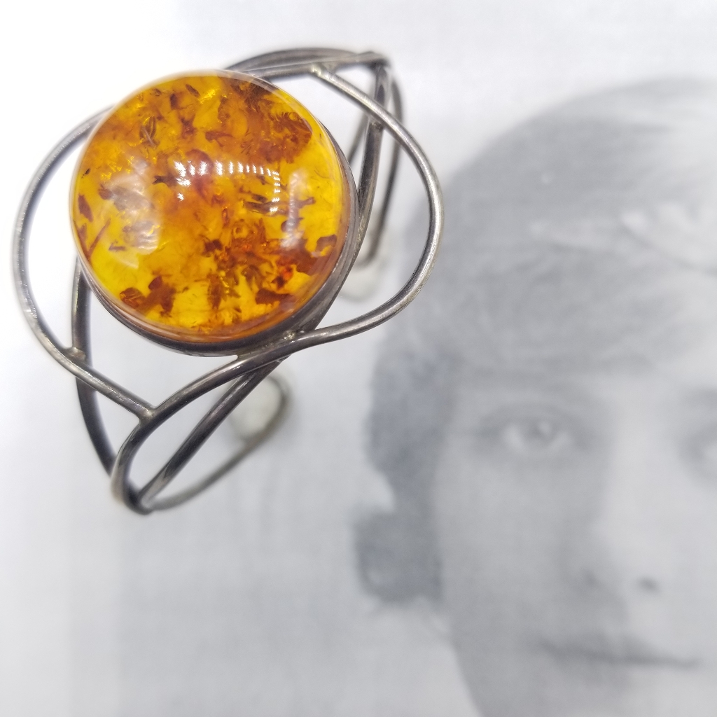 Vintage 925 Sterling Silver Amber Cuff Bracelet